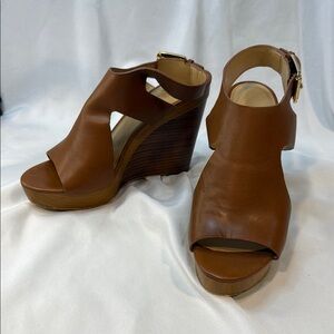 MICHAEL KORS, Josephine, Brown Leather Wedge Sandals, women, Sling Back, 9.5M